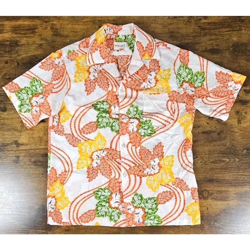 Vintage 70’s Pomare Red White Orange Hibiscus Men’s Hawaiian Aloha‎ Shirt Large